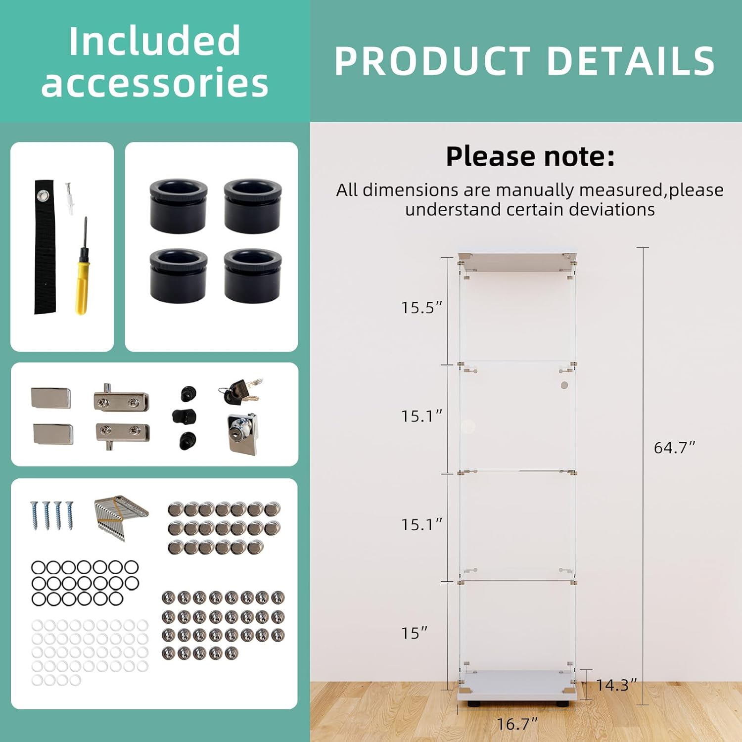 Curio Cabinet Glass Display Case for Collectibles with Door, 4 Display Shelves Showcase, 64.2”Hx16.9''Lx 14.6''W Black - Grand Goldman