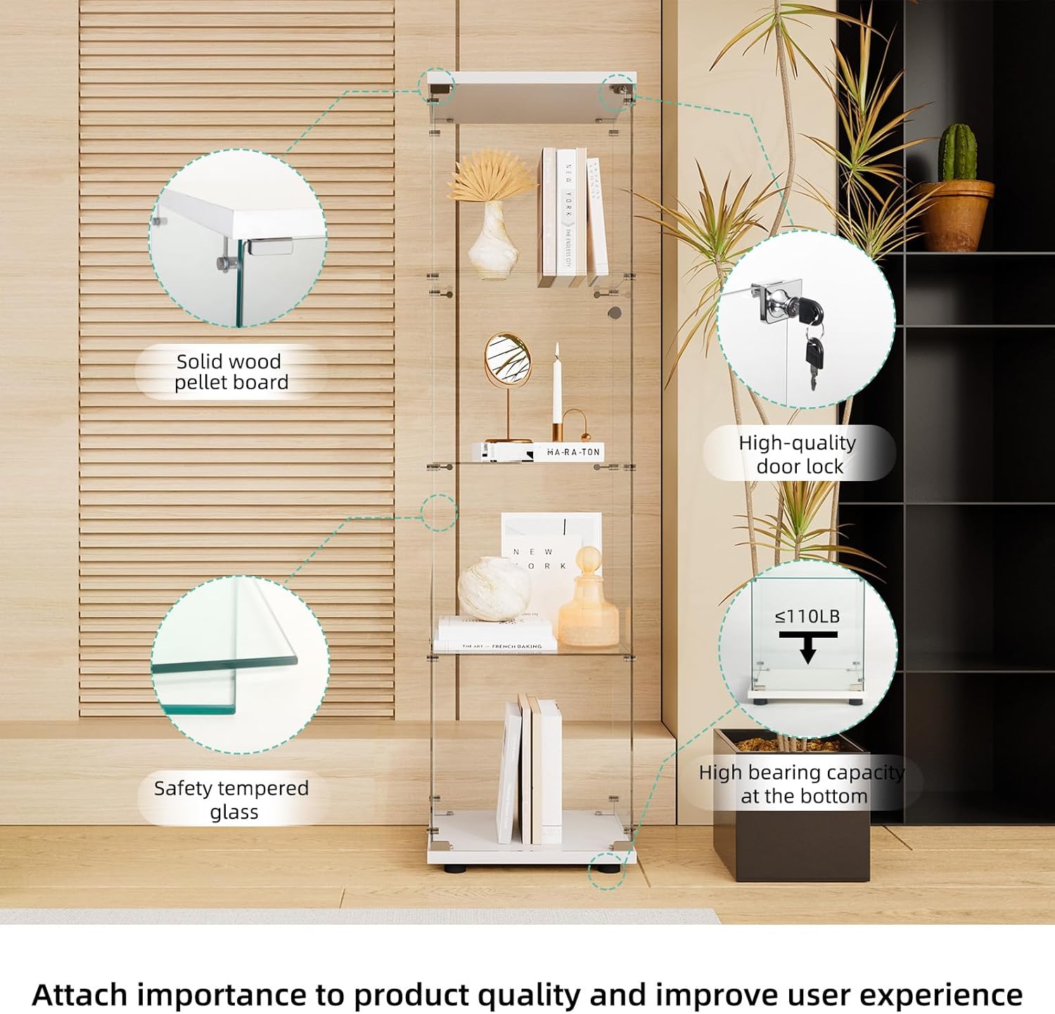 Curio Cabinet Glass Display Case for Collectibles with Door, 4 Display Shelves Showcase, 64.2”Hx16.9''Lx 14.6''W Black - Grand Goldman