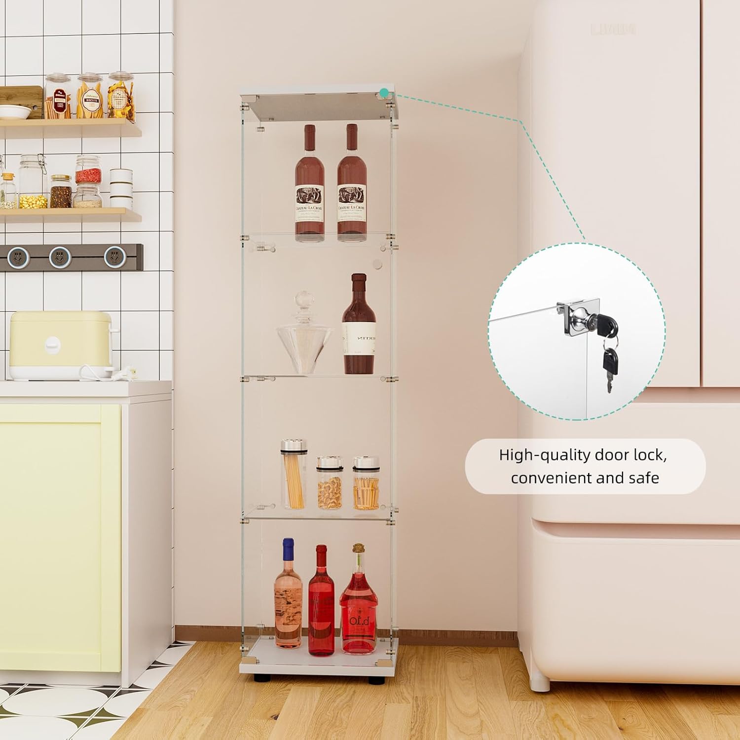 Curio Cabinet Glass Display Case for Collectibles with Door, 4 Display Shelves Showcase, 64.2”Hx16.9''Lx 14.6''W Black - Grand Goldman