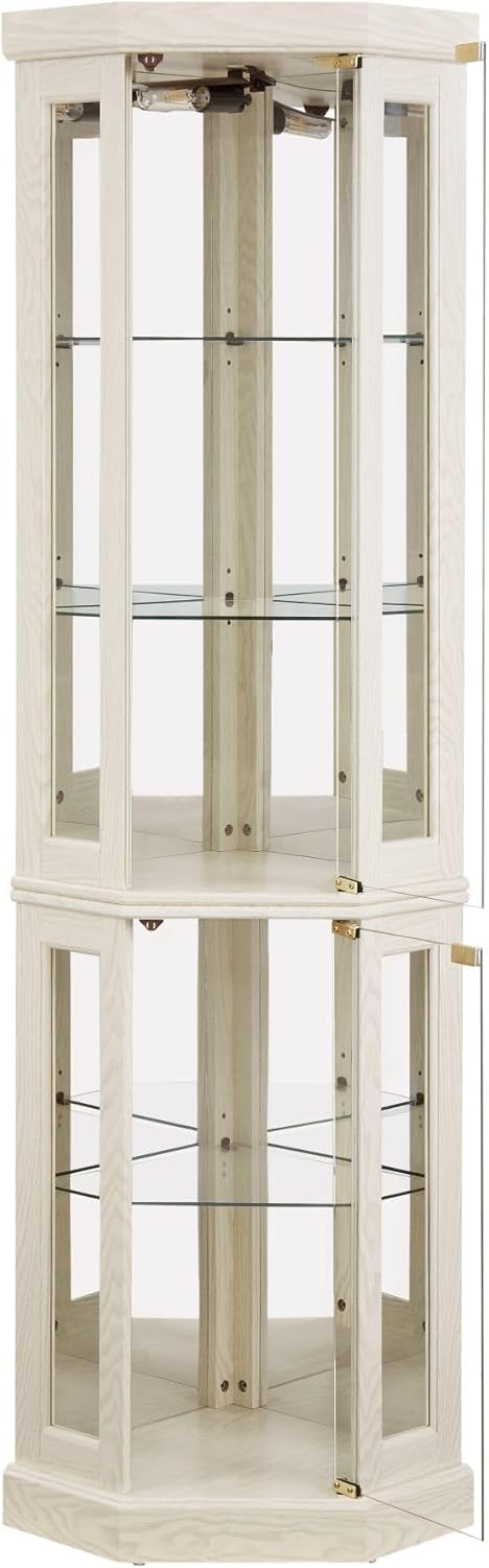 Curio Corner Cabinet, Lighted Glass Display Cabinet, Tempered Glass Door and Shelve, Wood Corner China Cabinet Inclued Bulb, Curio Cabinet Rack for Living Room (White, 16.5" L 16.5" W 70" H) - Grand Goldman