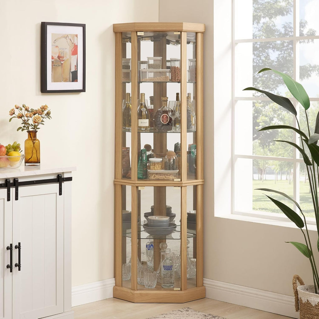 Curio Corner Cabinet, Lighted Glass Display Cabinet, Tempered Glass Door and Shelve, Wood Corner China Cabinet Inclued Bulb, Curio Cabinet Rack for Living Room (White, 16.5" L 16.5" W 70" H) - Grand Goldman