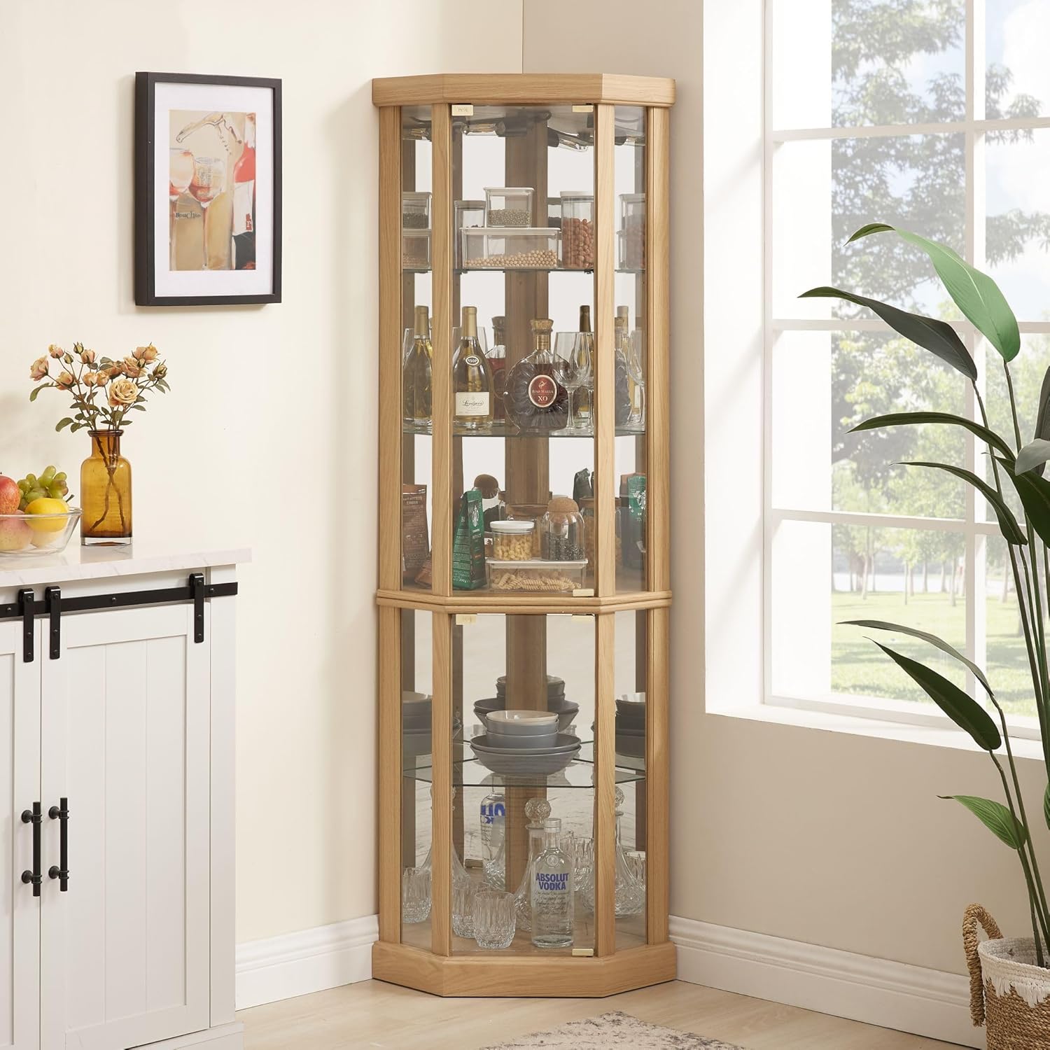 Curio Corner Cabinet, Lighted Glass Display Cabinet, Tempered Glass Door and Shelve, Wood Corner China Cabinet Inclued Bulb, Curio Cabinet Rack for Living Room (White, 16.5" L 16.5" W 70" H) - Grand Goldman