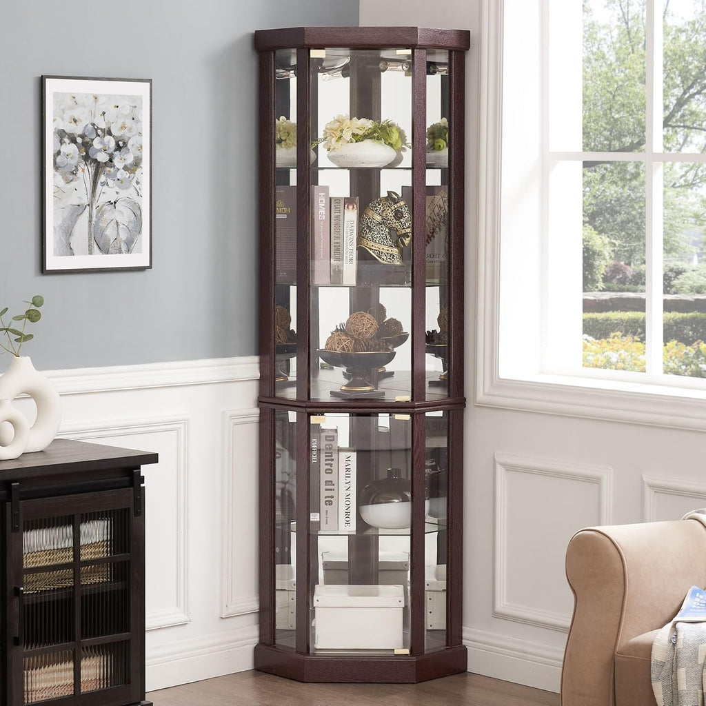 Curio Corner Cabinet, Lighted Glass Display Cabinet, Tempered Glass Door and Shelve, Wood Corner China Cabinet Inclued Bulb, Curio Cabinet Rack for Living Room (White, 16.5" L 16.5" W 70" H) - Grand Goldman