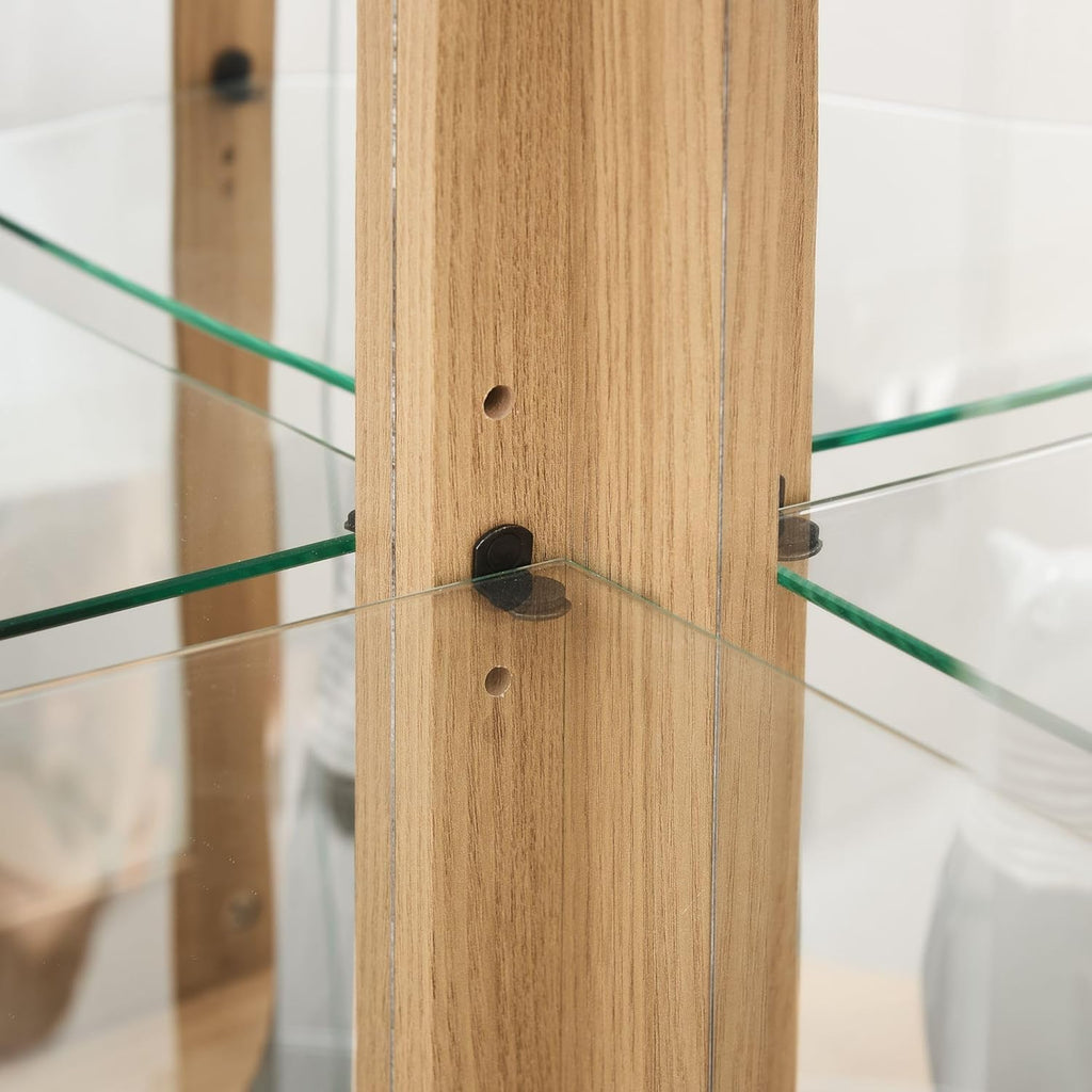 Curio Corner Cabinet, Lighted Glass Display Cabinet, Tempered Glass Door and Shelve, Wood Corner China Cabinet Inclued Bulb, Curio Cabinet Rack for Living Room (White, 16.5" L 16.5" W 70" H) - Grand Goldman