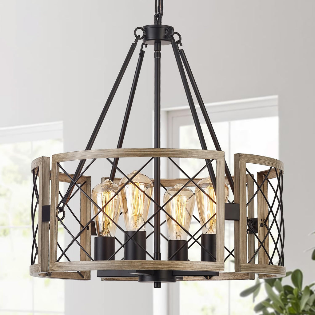 D19'' Farmhouse Chandelier, 4-Light Adjustable Dining Room Light Fixture Kitchen Island Lighting, Rustic Hanging Lights for Entryway Foyer Bedroom Living Room, Black & White Oak - Grand Goldman