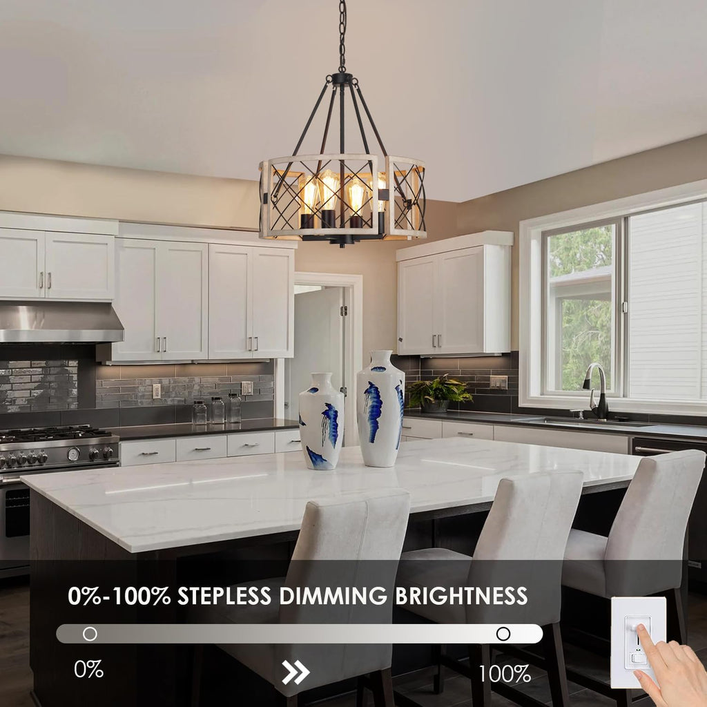 D19'' Farmhouse Chandelier, 4-Light Adjustable Dining Room Light Fixture Kitchen Island Lighting, Rustic Hanging Lights for Entryway Foyer Bedroom Living Room, Black & White Oak - Grand Goldman