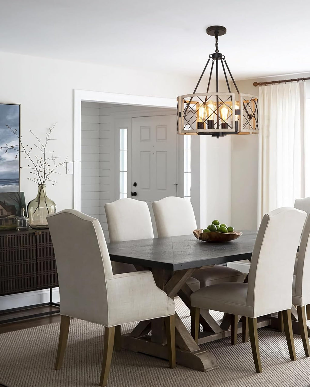 D19'' Farmhouse Chandelier, 4-Light Adjustable Dining Room Light Fixture Kitchen Island Lighting, Rustic Hanging Lights for Entryway Foyer Bedroom Living Room, Black & White Oak - Grand Goldman