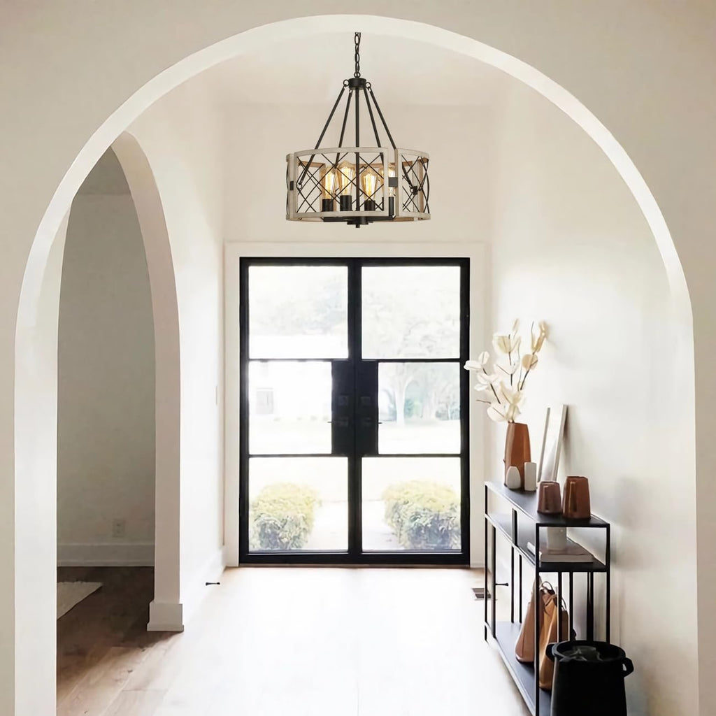 D19'' Farmhouse Chandelier, 4-Light Adjustable Dining Room Light Fixture Kitchen Island Lighting, Rustic Hanging Lights for Entryway Foyer Bedroom Living Room, Black & White Oak - Grand Goldman