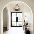 D19'' Farmhouse Chandelier, 4-Light Adjustable Dining Room Light Fixture Kitchen Island Lighting, Rustic Hanging Lights for Entryway Foyer Bedroom Living Room, Black & White Oak - Grand Goldman