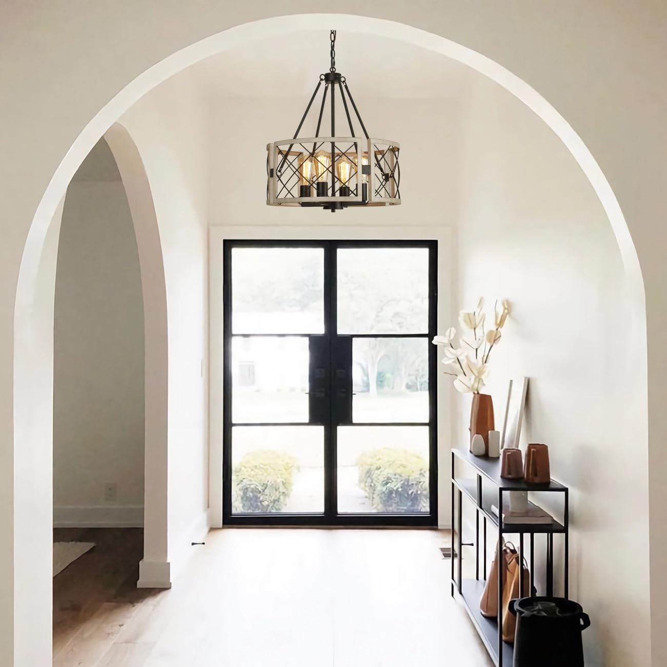 D19'' Farmhouse Chandelier, 4-Light Adjustable Dining Room Light Fixture Kitchen Island Lighting, Rustic Hanging Lights for Entryway Foyer Bedroom Living Room, Black & White Oak - Grand Goldman