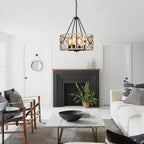 D19'' Farmhouse Chandelier, 4-Light Adjustable Dining Room Light Fixture Kitchen Island Lighting, Rustic Hanging Lights for Entryway Foyer Bedroom Living Room, Black & White Oak - Grand Goldman