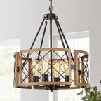 D19'' Farmhouse Chandelier, 4-Light Adjustable Dining Room Light Fixture Kitchen Island Lighting, Rustic Hanging Lights for Entryway Foyer Bedroom Living Room, Black & White Oak - Grand Goldman
