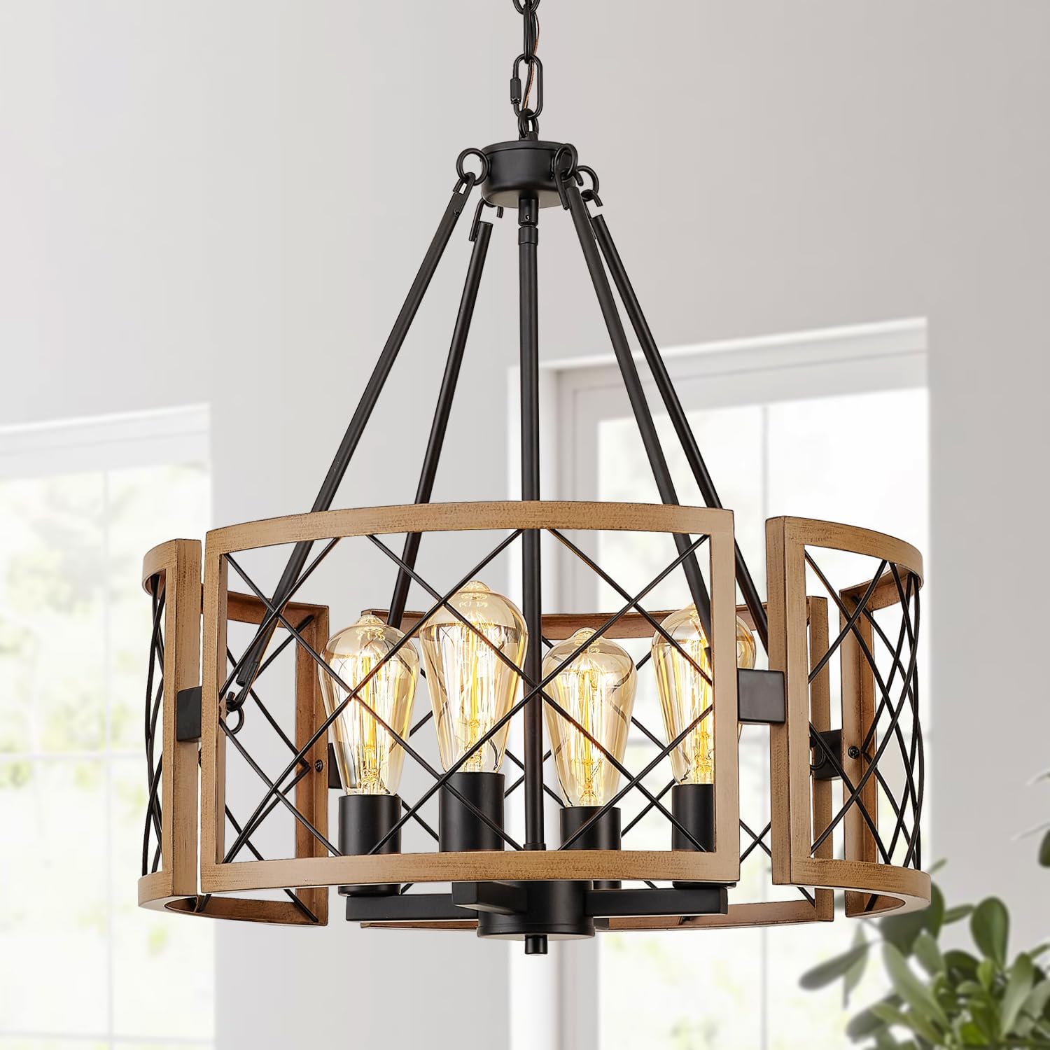 D19'' Farmhouse Chandelier, 4-Light Adjustable Dining Room Light Fixture Kitchen Island Lighting, Rustic Hanging Lights for Entryway Foyer Bedroom Living Room, Black & White Oak - Grand Goldman