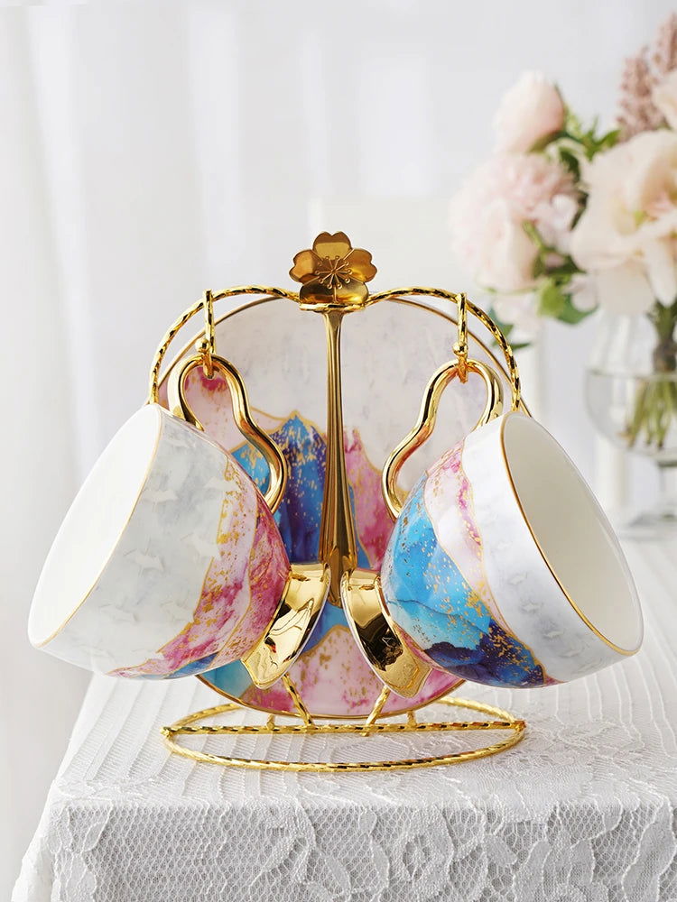 DAISY Elegant European Coffee Cup and Saucer Set - Luxurious Bone China, Retro Style with Marble Patterns and Gold Accents for Exquisite Afternoon Tea or Coffee - Grand Goldman