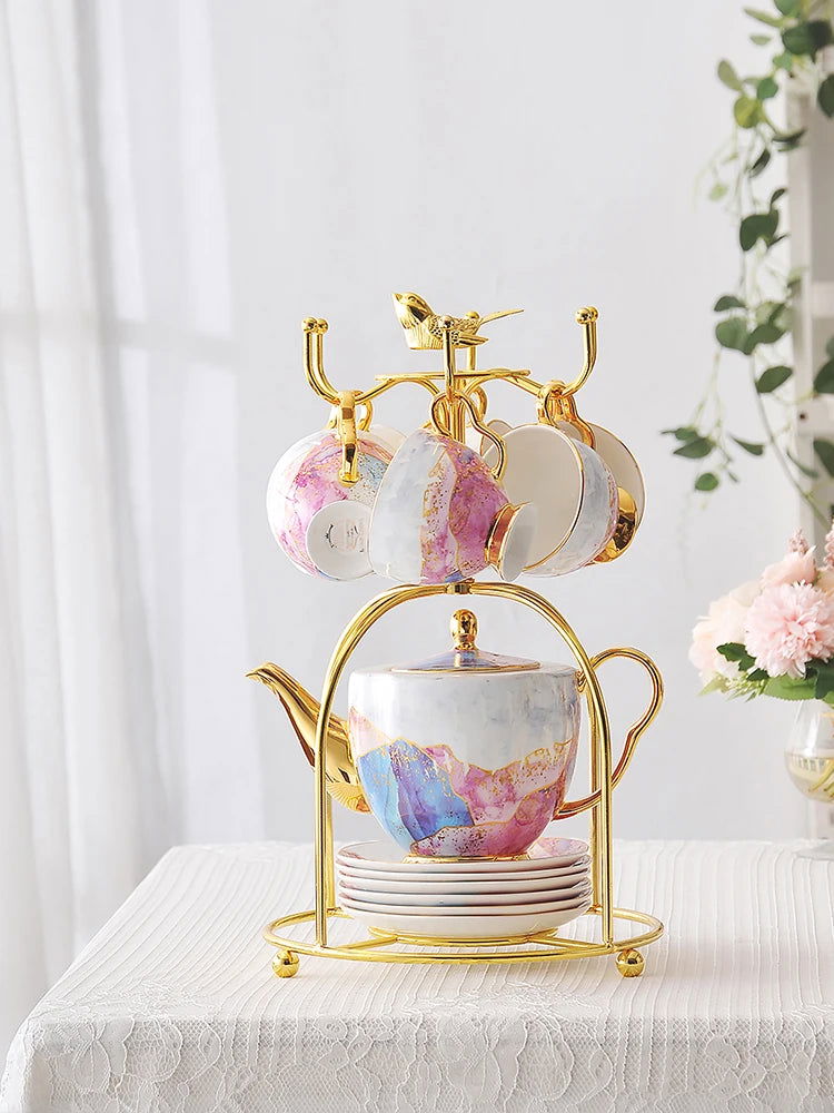 DAISY Elegant European Coffee Cup and Saucer Set - Luxurious Bone China, Retro Style with Marble Patterns and Gold Accents for Exquisite Afternoon Tea or Coffee - Grand Goldman