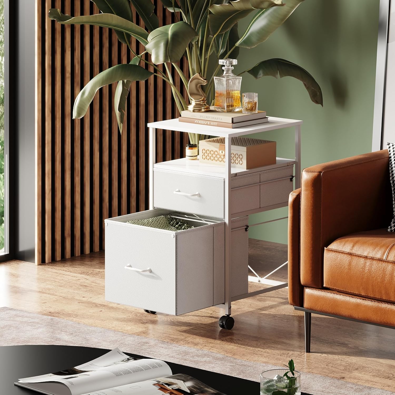 DEVAISE 2 Drawer Mobile File Cabinet, Rolling Printer Stand with Open Storage Shelf, Fabric Vertical Filing Cabinet fits A4 or Letter Size for Home Office, Rustic Brown Wood Grain Print - Grand Goldman