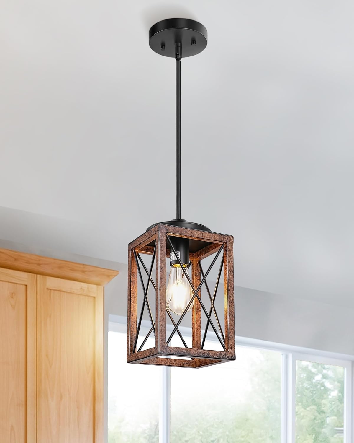 DEWENWILS Farmhouse Pendant Light, Metal Hanging Light Fixture with Wooden Grain Finish, 48 Inch Adjustable Pipes for Flat and Slop Ceiling, Kitchen Island, Bedroom, Dining Hall, E26 Base - Grand Goldman