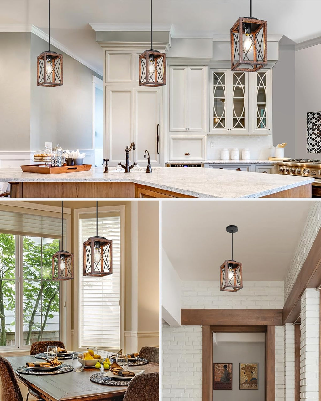 DEWENWILS Farmhouse Pendant Light, Metal Hanging Light Fixture with Wooden Grain Finish, 48 Inch Adjustable Pipes for Flat and Slop Ceiling, Kitchen Island, Bedroom, Dining Hall, E26 Base - Grand Goldman