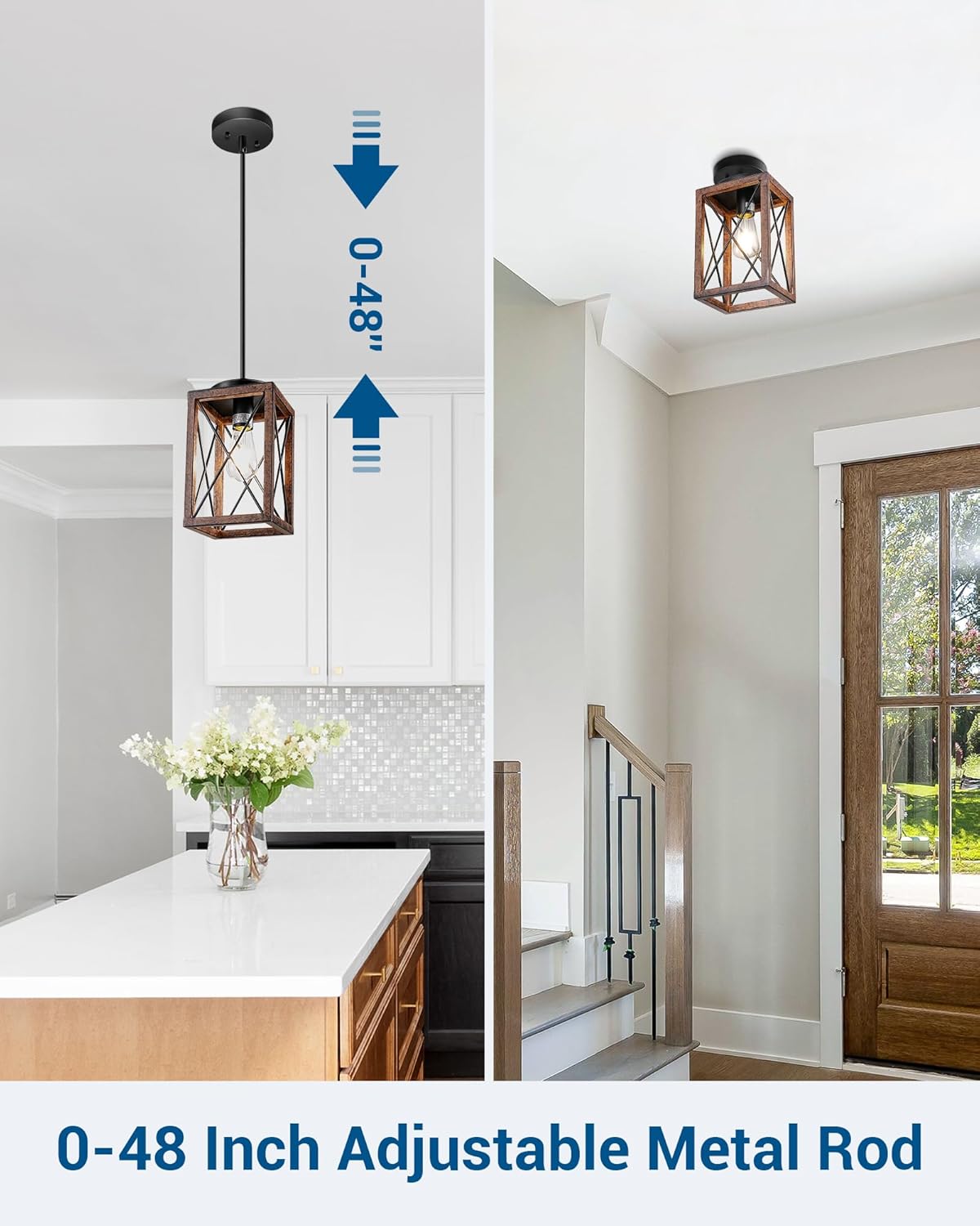 DEWENWILS Farmhouse Pendant Light, Metal Hanging Light Fixture with Wooden Grain Finish, 48 Inch Adjustable Pipes for Flat and Slop Ceiling, Kitchen Island, Bedroom, Dining Hall, E26 Base - Grand Goldman