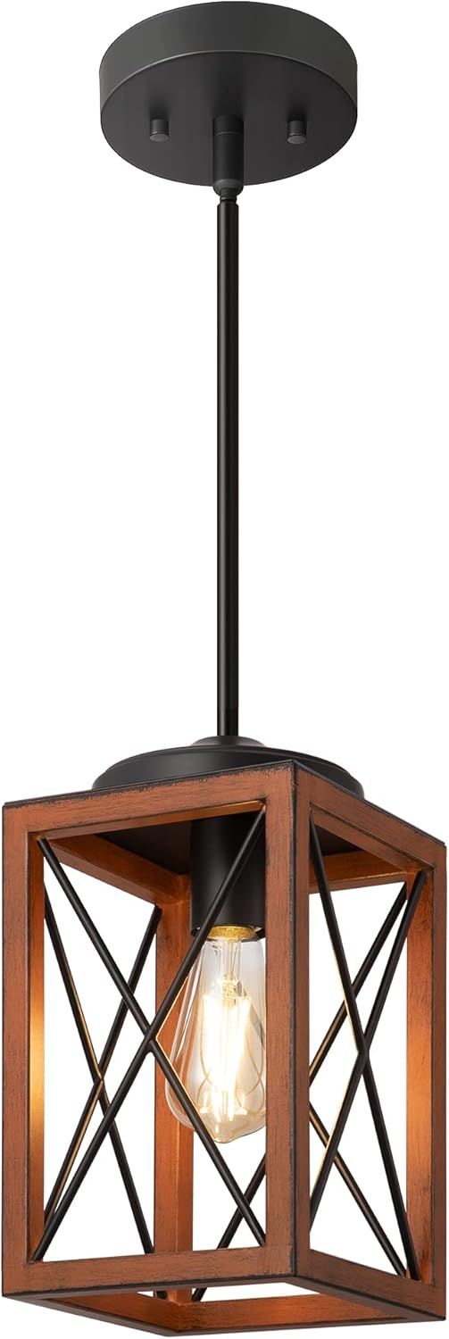 DEWENWILS Farmhouse Pendant Light, Metal Hanging Light Fixture with Wooden Grain Finish, 48 Inch Adjustable Pipes for Flat and Slop Ceiling, Kitchen Island, Bedroom, Dining Hall, E26 Base - Grand Goldman