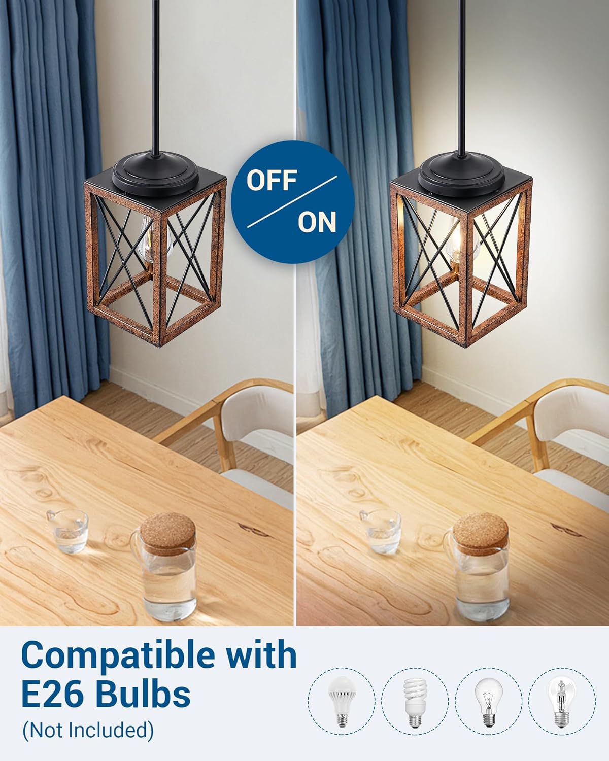 DEWENWILS Farmhouse Pendant Light, Metal Hanging Light Fixture with Wooden Grain Finish, 48 Inch Adjustable Pipes for Flat and Slop Ceiling, Kitchen Island, Bedroom, Dining Hall, E26 Base - Grand Goldman