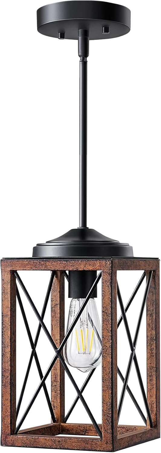 DEWENWILS Farmhouse Pendant Light, Metal Hanging Light Fixture with Wooden Grain Finish, 48 Inch Adjustable Pipes for Flat and Slop Ceiling, Kitchen Island, Bedroom, Dining Hall, E26 Base - Grand Goldman