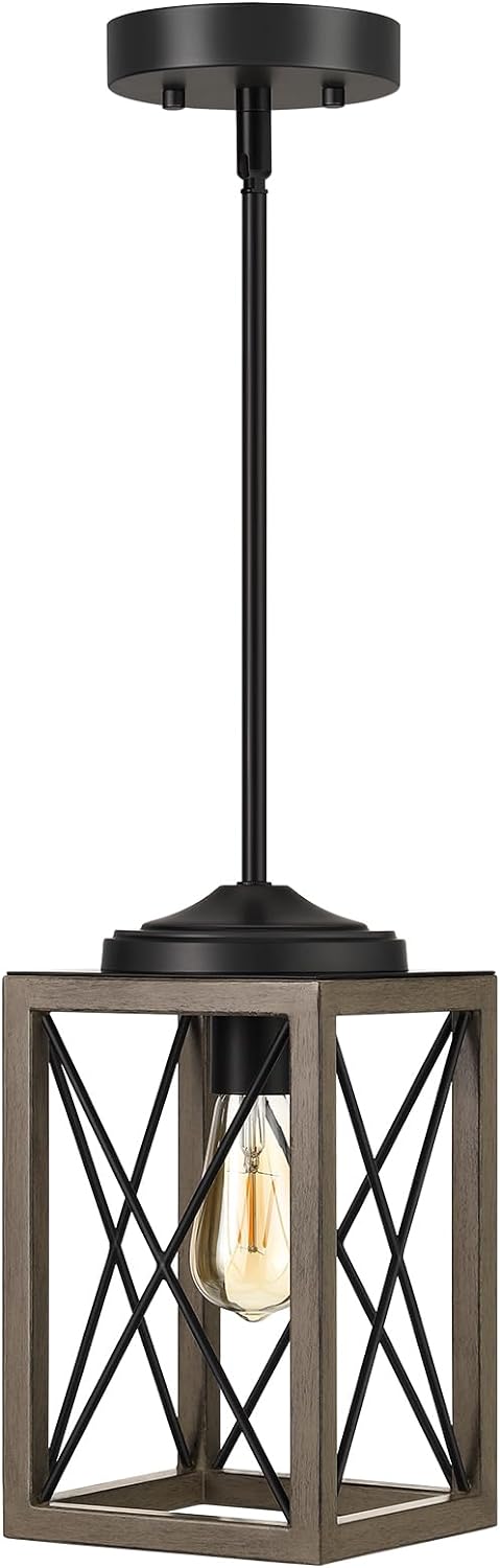 DEWENWILS Farmhouse Pendant Light, Metal Hanging Light Fixture with Wooden Grain Finish, 48 Inch Adjustable Pipes for Flat and Slop Ceiling, Kitchen Island, Bedroom, Dining Hall, E26 Base - Grand Goldman