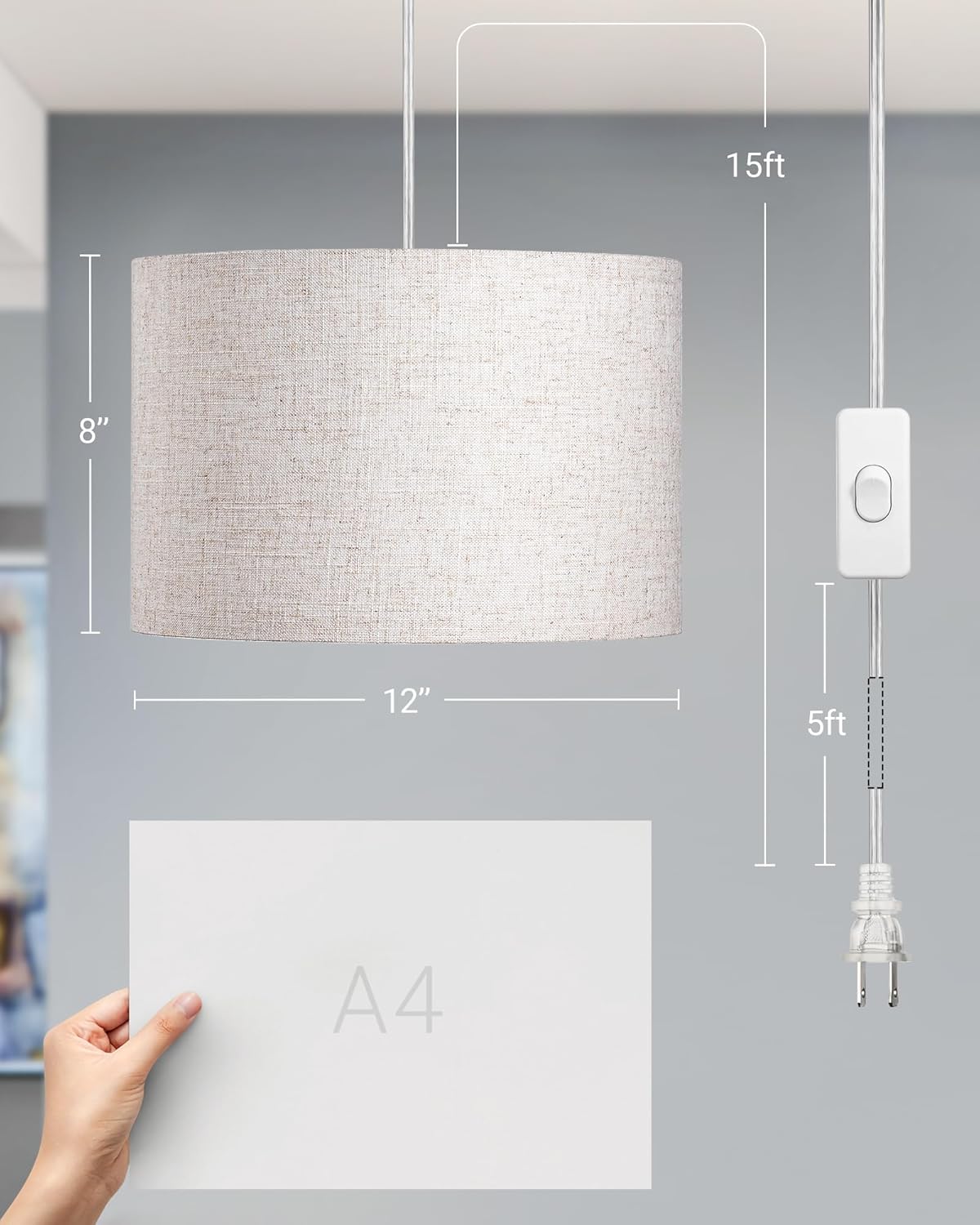 DEWENWILS Plug in Pendant Light, Hanging Light with 15Ft Clear Cord, On/Off Switch, Beige Linen Shade, Hanging Light Fixture for Bedroom, Kitchen, Living Room, Dining Table - Grand Goldman
