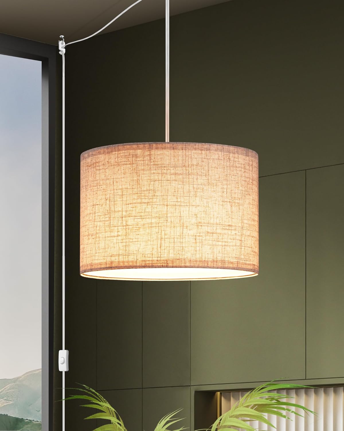 DEWENWILS Plug in Pendant Light, Hanging Light with 15Ft Clear Cord, On/Off Switch, Beige Linen Shade, Hanging Light Fixture for Bedroom, Kitchen, Living Room, Dining Table - Grand Goldman
