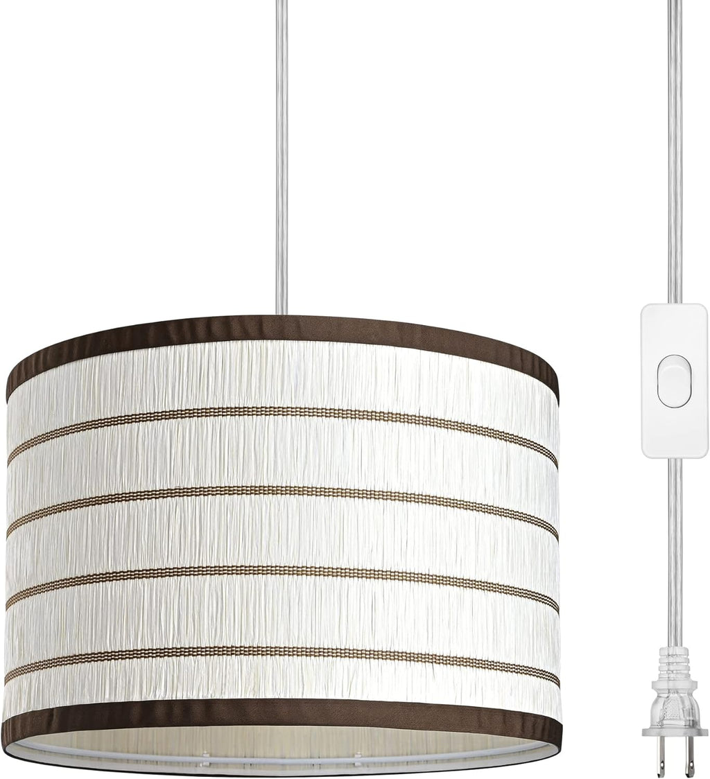 DEWENWILS Plug in Pendant Light, Hanging Light with 15Ft Clear Cord, On/Off Switch, Beige Linen Shade, Hanging Light Fixture for Bedroom, Kitchen, Living Room, Dining Table - Grand Goldman