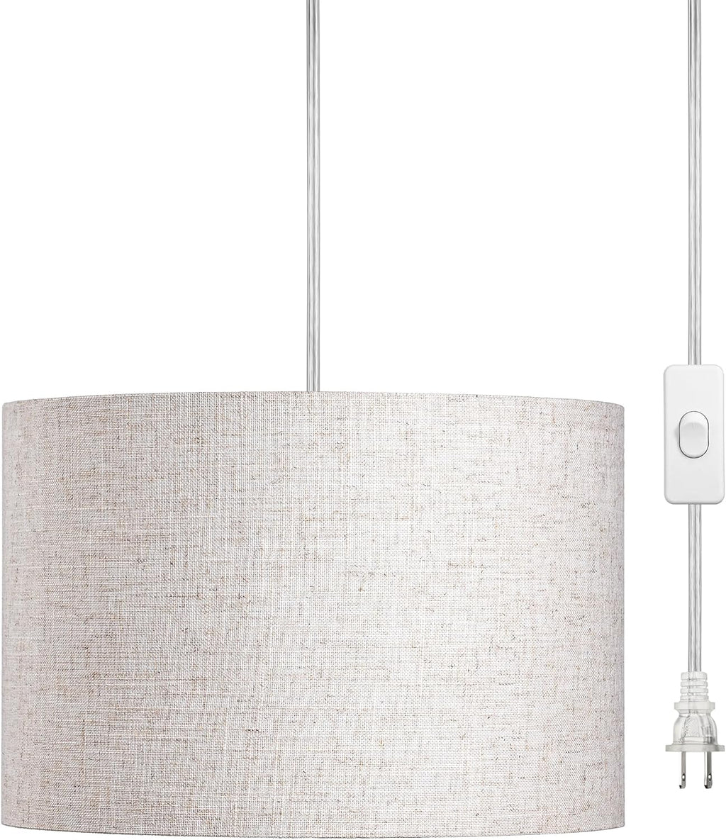 DEWENWILS Plug in Pendant Light, Hanging Light with 15Ft Clear Cord, On/Off Switch, Beige Linen Shade, Hanging Light Fixture for Bedroom, Kitchen, Living Room, Dining Table - Grand Goldman