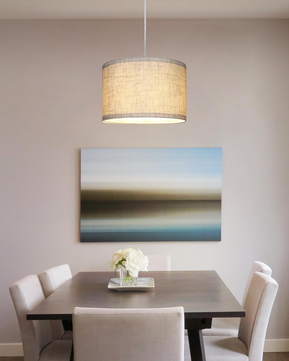 DEWENWILS Plug in Pendant Light, Hanging Light with 15Ft Clear Cord, On/Off Switch, Beige Linen Shade, Hanging Light Fixture for Bedroom, Kitchen, Living Room, Dining Table - Grand Goldman