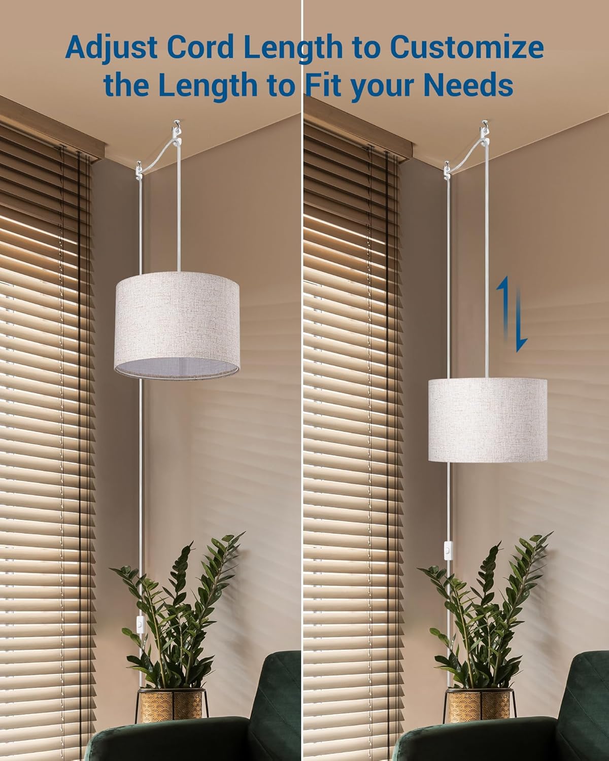 DEWENWILS Plug in Pendant Light, Hanging Light with 15Ft Clear Cord, On/Off Switch, Beige Linen Shade, Hanging Light Fixture for Bedroom, Kitchen, Living Room, Dining Table - Grand Goldman