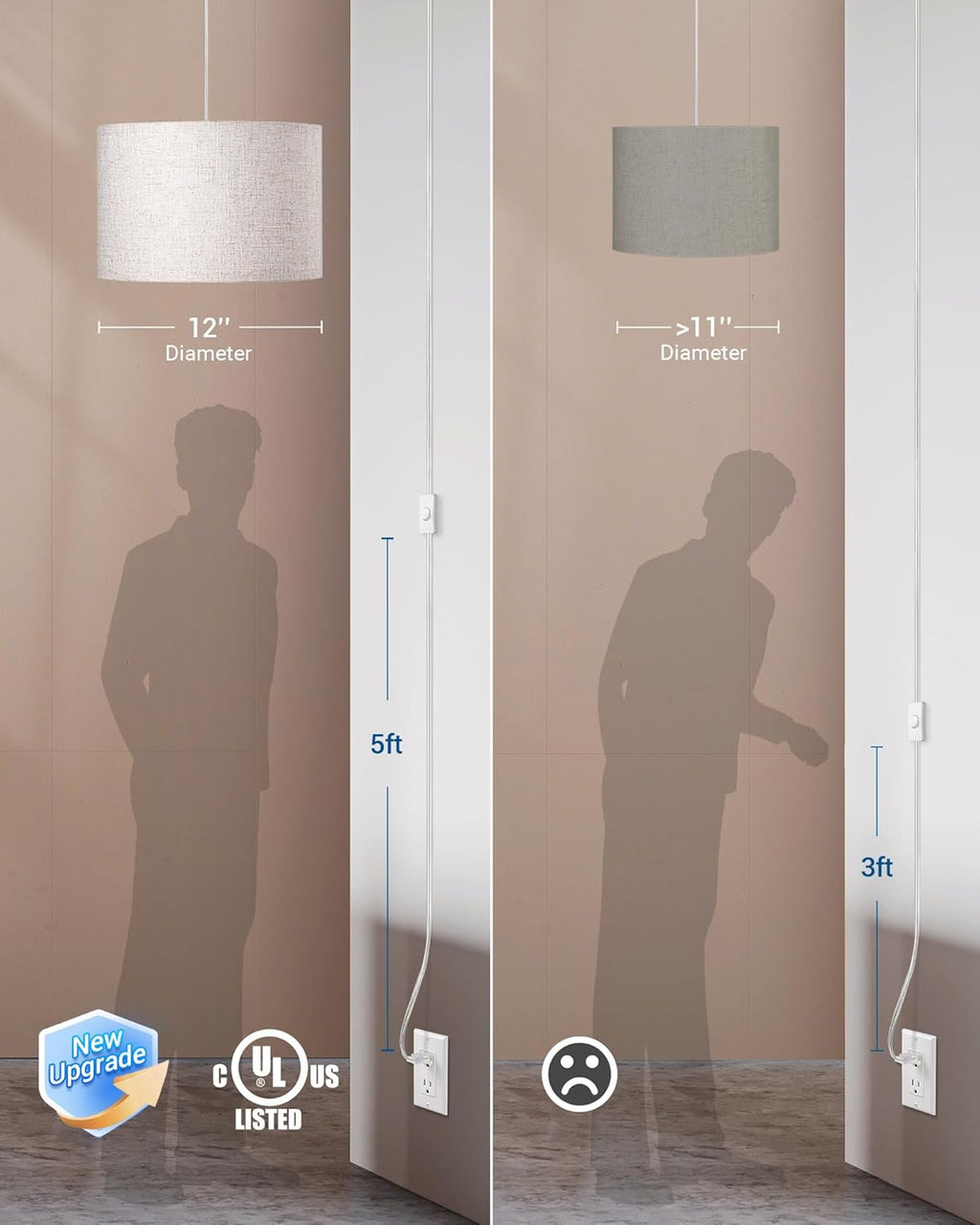 DEWENWILS Plug in Pendant Light, Hanging Light with 15Ft Clear Cord, On/Off Switch, Beige Linen Shade, Hanging Light Fixture for Bedroom, Kitchen, Living Room, Dining Table - Grand Goldman