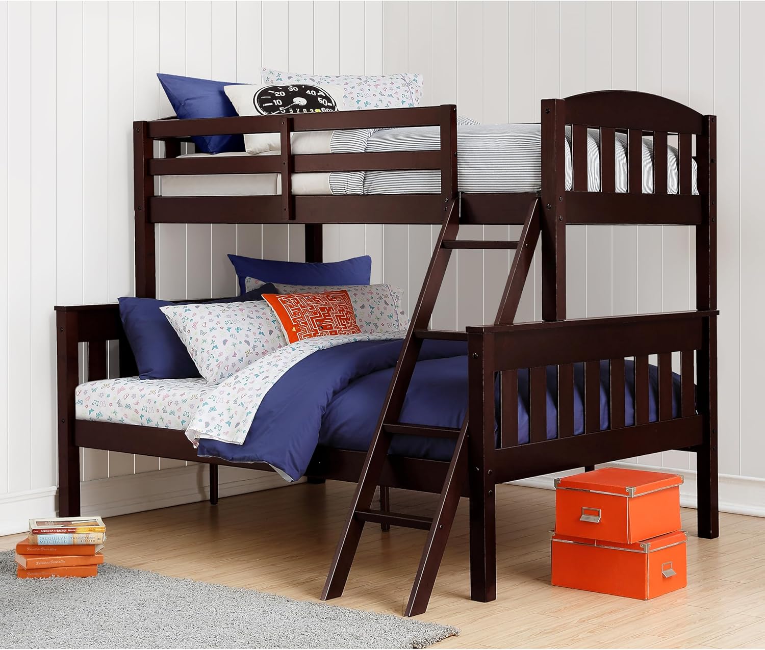 DHP Airlie Convertible Wood Bunk Bed, Stackable and Detachable Bed Frames for Kids and Teens, with Angled Ladder, High Guardrail, Wood Slats, No Boxspring Required, Twin-Over-Full, Espresso - Grand Goldman