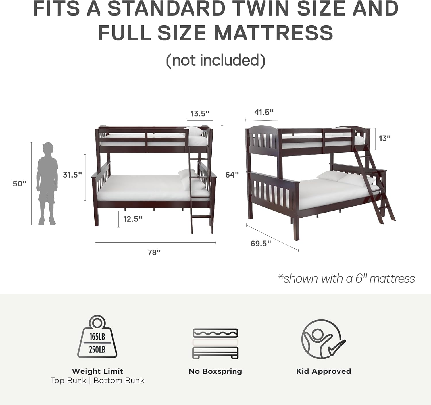 DHP Airlie Convertible Wood Bunk Bed, Stackable and Detachable Bed Frames for Kids and Teens, with Angled Ladder, High Guardrail, Wood Slats, No Boxspring Required, Twin-Over-Full, Espresso - Grand Goldman