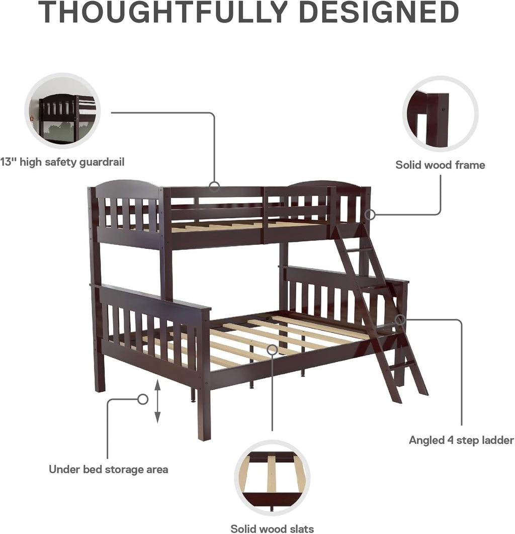 DHP Airlie Convertible Wood Bunk Bed, Stackable and Detachable Bed Frames for Kids and Teens, with Angled Ladder, High Guardrail, Wood Slats, No Boxspring Required, Twin-Over-Full, Espresso - Grand Goldman