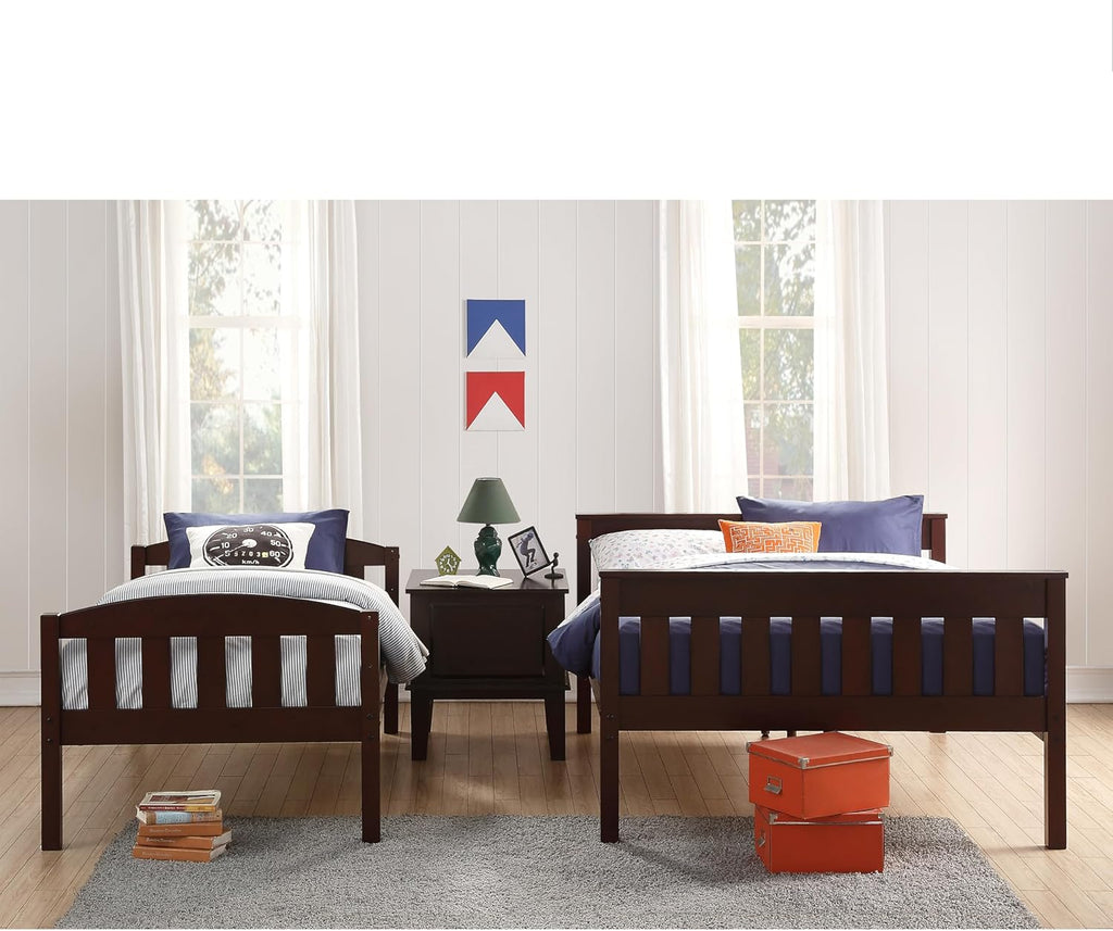 DHP Airlie Convertible Wood Bunk Bed, Stackable and Detachable Bed Frames for Kids and Teens, with Angled Ladder, High Guardrail, Wood Slats, No Boxspring Required, Twin-Over-Full, Espresso - Grand Goldman