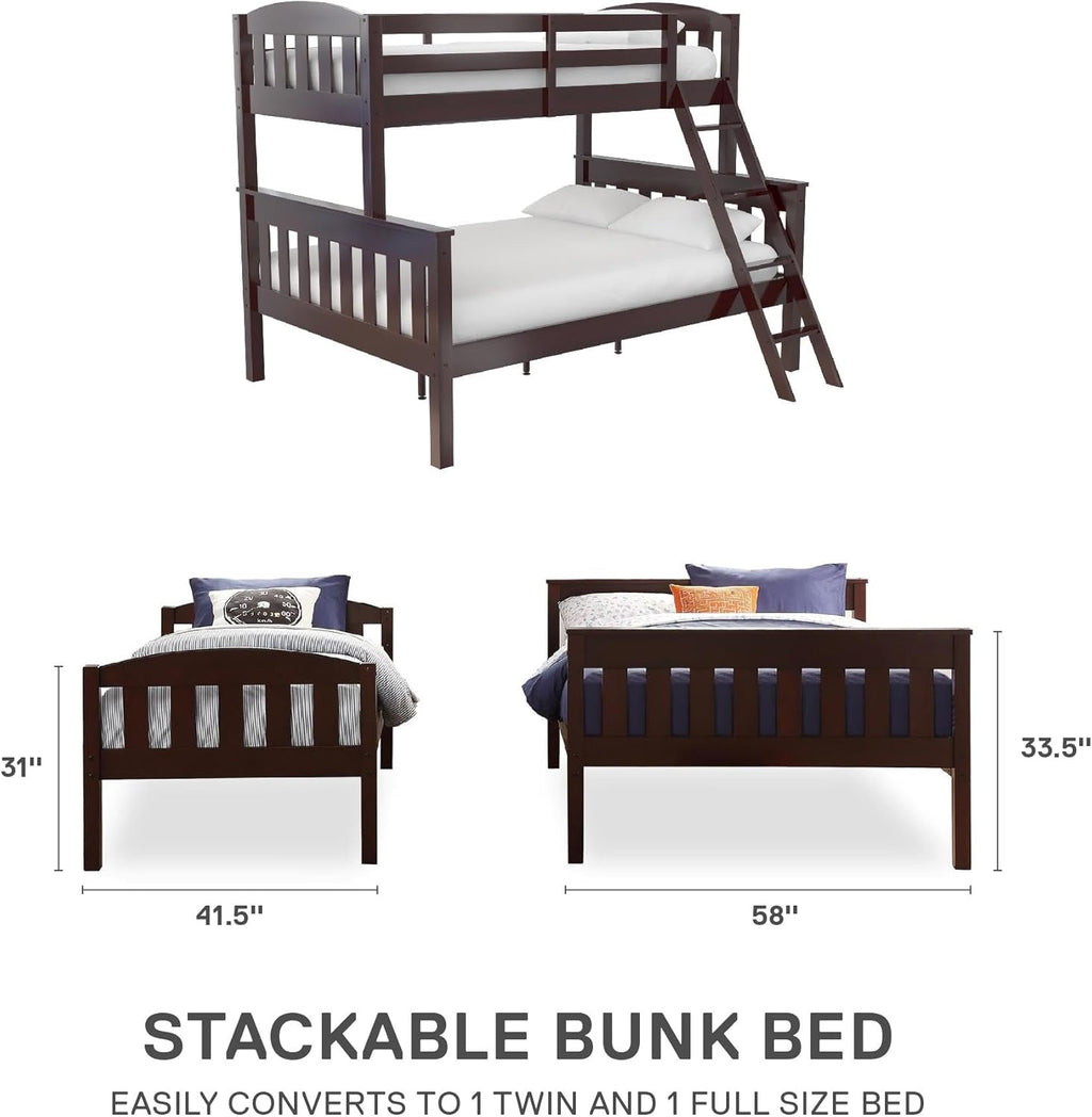 DHP Airlie Convertible Wood Bunk Bed, Stackable and Detachable Bed Frames for Kids and Teens, with Angled Ladder, High Guardrail, Wood Slats, No Boxspring Required, Twin-Over-Full, Espresso - Grand Goldman