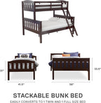 DHP Airlie Convertible Wood Bunk Bed, Stackable and Detachable Bed Frames for Kids and Teens, with Angled Ladder, High Guardrail, Wood Slats, No Boxspring Required, Twin-Over-Full, Espresso - Grand Goldman