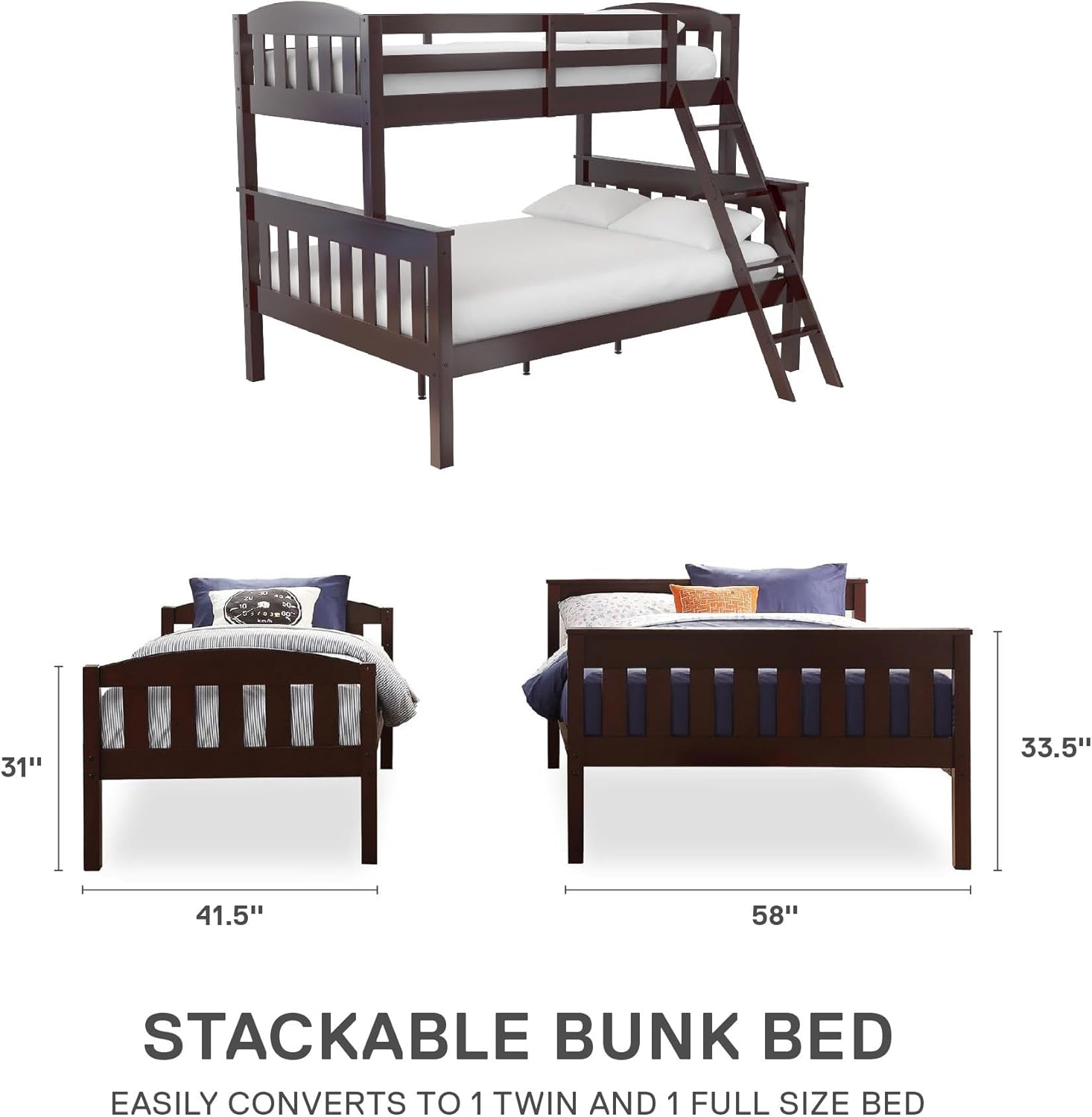 DHP Airlie Convertible Wood Bunk Bed, Stackable and Detachable Bed Frames for Kids and Teens, with Angled Ladder, High Guardrail, Wood Slats, No Boxspring Required, Twin-Over-Full, Espresso - Grand Goldman