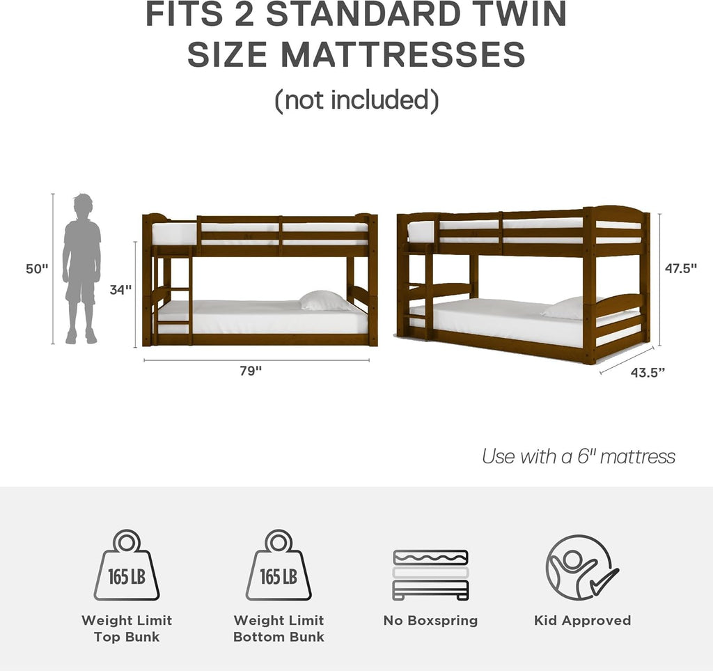 DHP Sierra Twin Bunk Bed, Mocha Finish, Solid Wood Construction, Small Space Living Approved - Grand Goldman