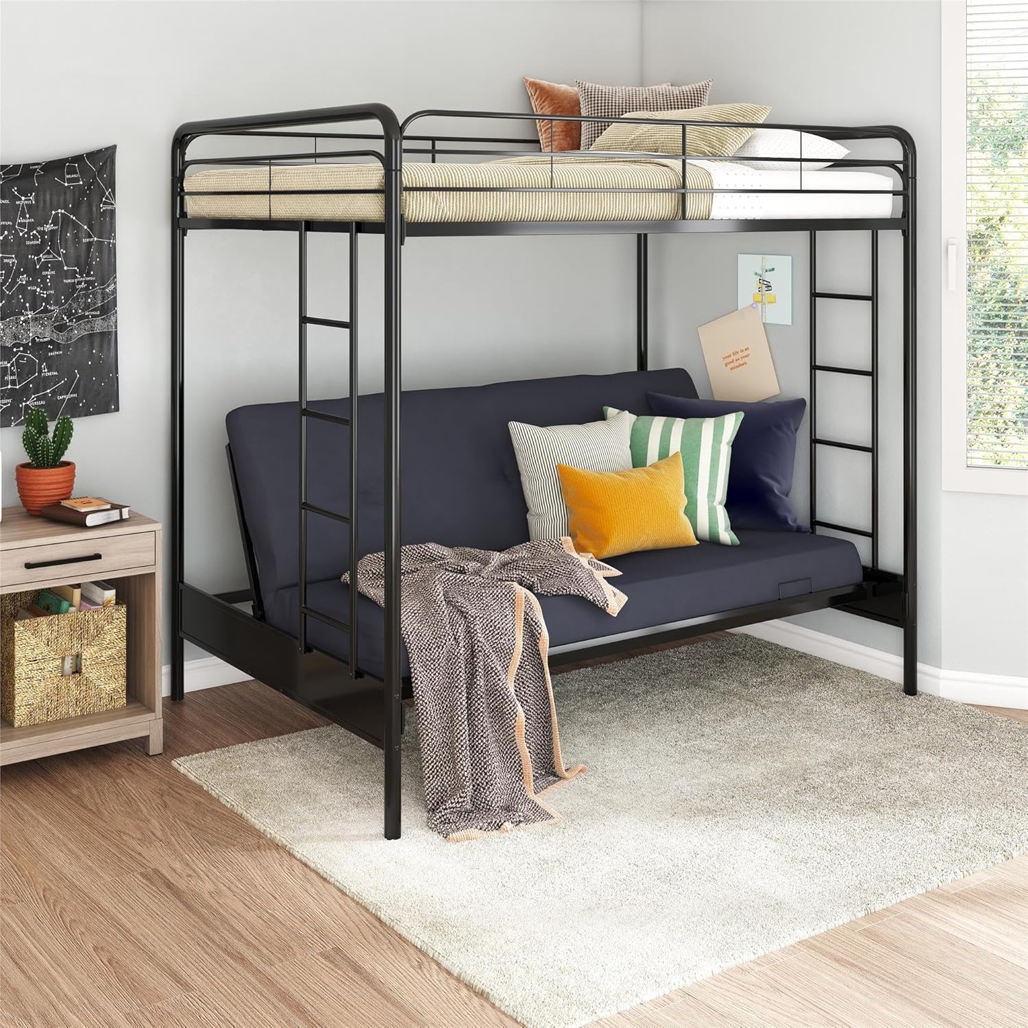 DHP Twin-Over-Futon Convertible Couch and Bed with Metal Frame, Ladder and Guardrails - Black - Grand Goldman