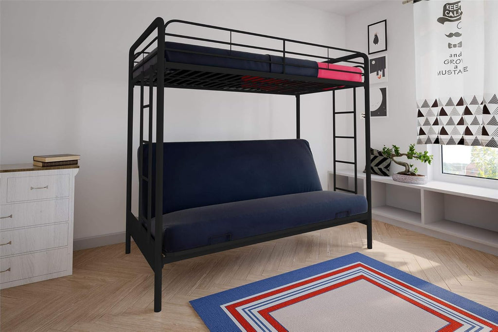 DHP Twin-Over-Futon Convertible Couch and Bed with Metal Frame, Ladder and Guardrails - Black - Grand Goldman