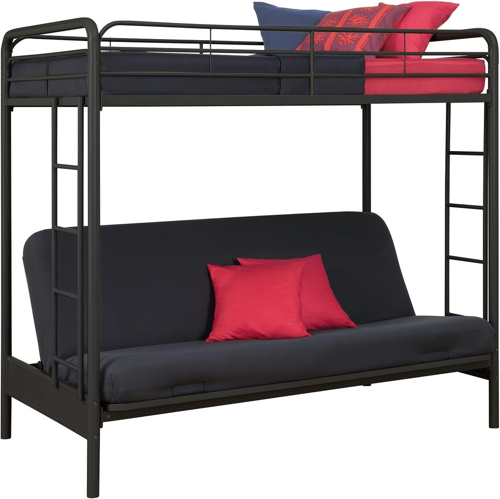 DHP Twin-Over-Futon Convertible Couch and Bed with Metal Frame, Ladder and Guardrails - Black - Grand Goldman