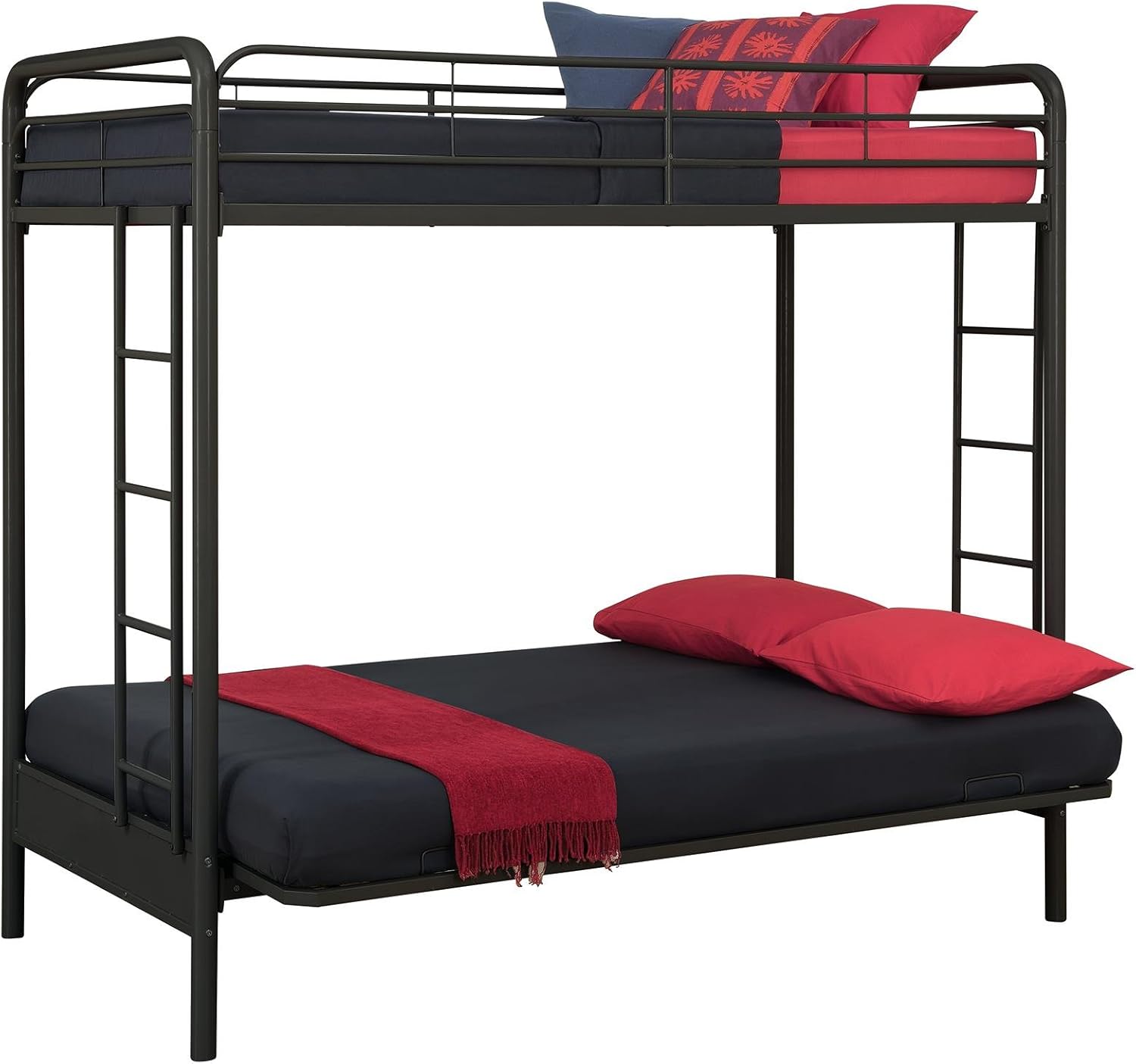DHP Twin-Over-Futon Convertible Couch and Bed with Metal Frame, Ladder and Guardrails - Black - Grand Goldman