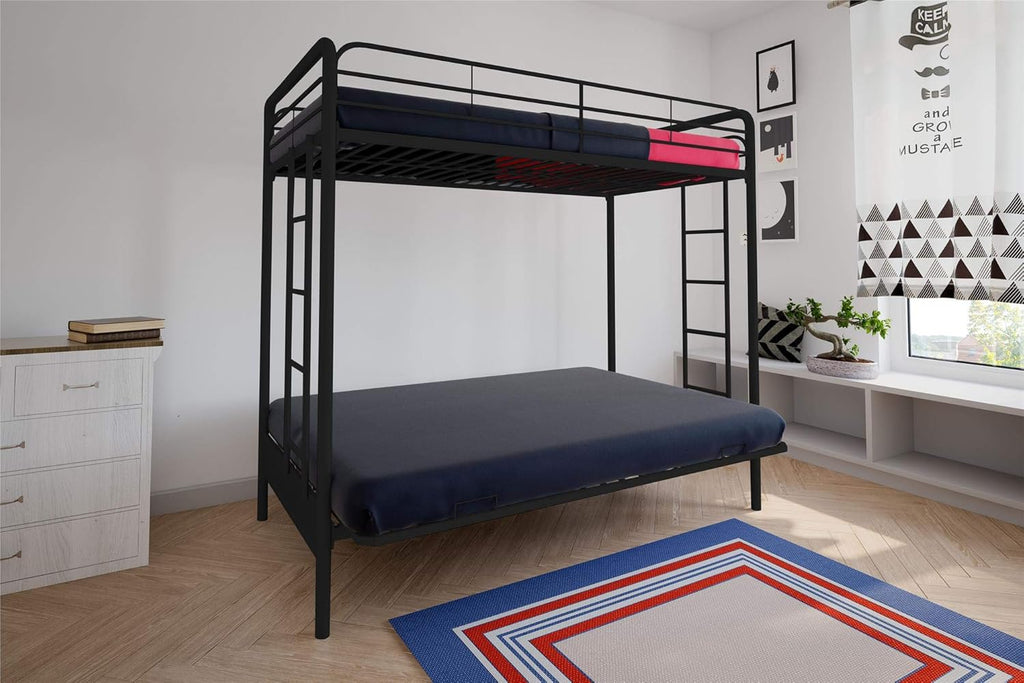DHP Twin-Over-Futon Convertible Couch and Bed with Metal Frame, Ladder and Guardrails - Black - Grand Goldman