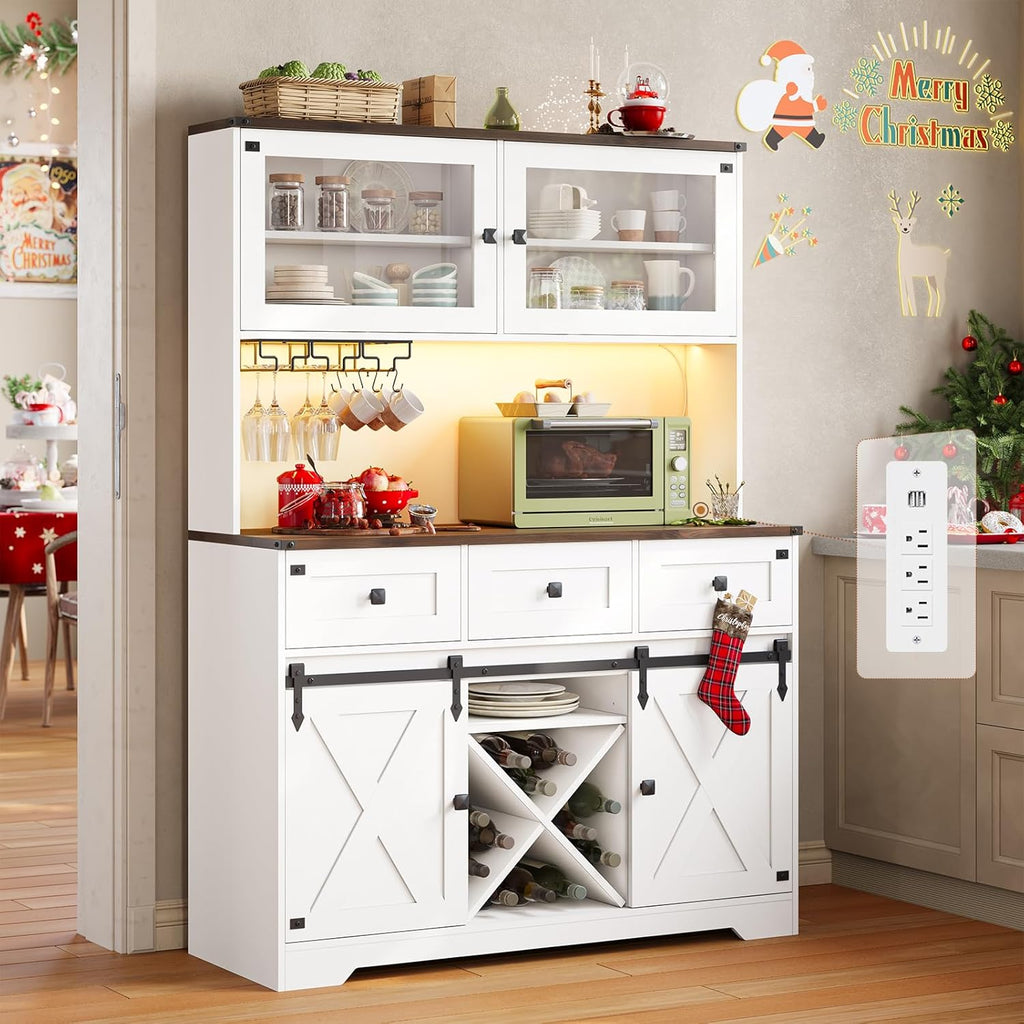 DICTAC Farmhouse Buffet Cabinet with Storage Coffee Bar Station Cabinet with Power Outlet and LED Light, Tall Bar Cabinets with Sliding Barn Door and Wine Glass Rack for Kitchen, Living Room,White - Grand Goldman