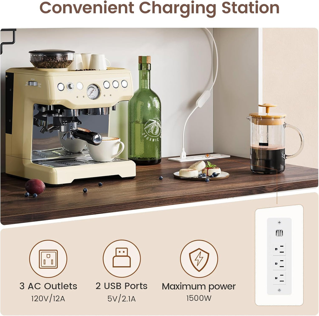 DICTAC Farmhouse Buffet Cabinet with Storage Coffee Bar Station Cabinet with Power Outlet and LED Light, Tall Bar Cabinets with Sliding Barn Door and Wine Glass Rack for Kitchen, Living Room,White - Grand Goldman