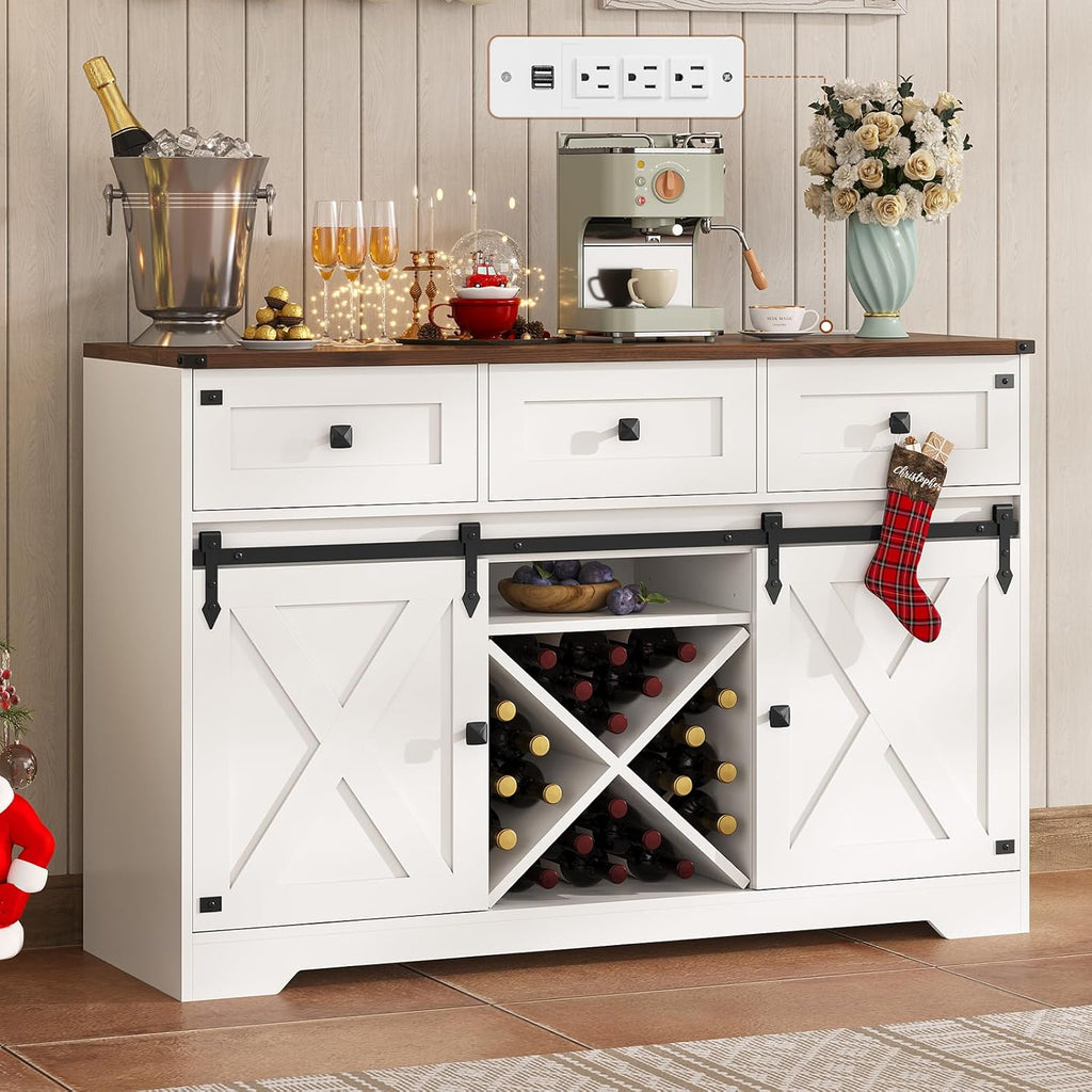 DICTAC Farmhouse Buffet Cabinet with Storage Coffee Bar Station Cabinet with Power Outlet and LED Light, Tall Bar Cabinets with Sliding Barn Door and Wine Glass Rack for Kitchen, Living Room,White - Grand Goldman
